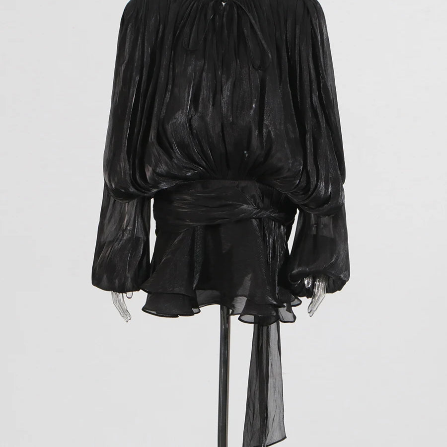 Solid Loose Spliced Folds Elegant Dresses for Women Round Neck Long Sleeves Patchwork Lace Up Tunic Dress Female BLACK