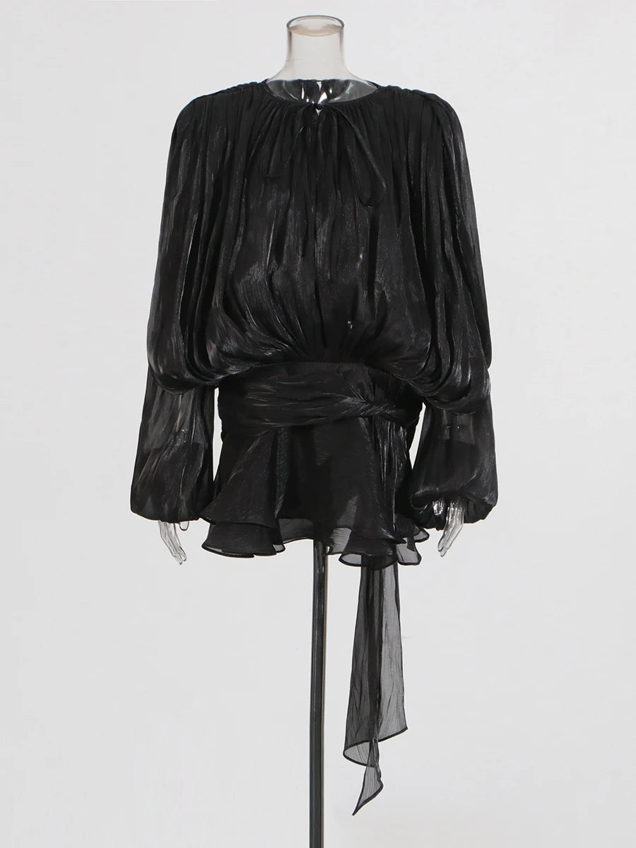 Solid Loose Spliced Folds Elegant Dresses for Women Round Neck Long Sleeves Patchwork Lace Up Tunic Dress Female BLACK