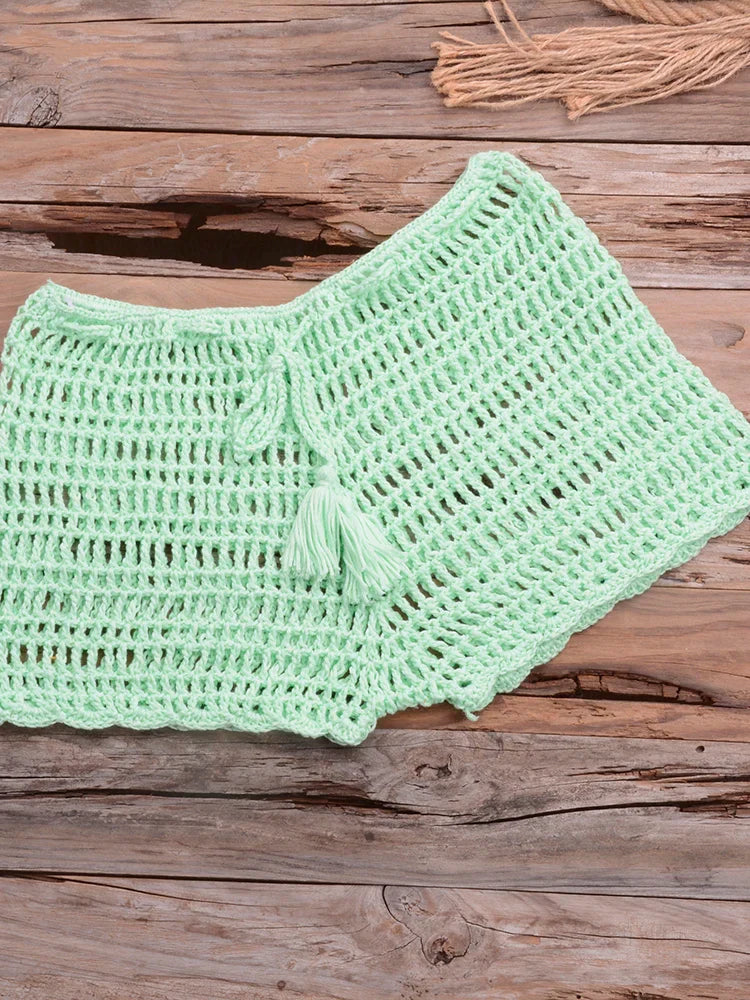 Crochet Hollow Out Tassel Beach Cover Up Sexy Women Mini Tops Beachwear Bikini Swimwear Bathing Suit Cover Up Light Green Bottom One Size