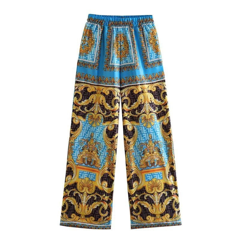 Retro Flower Printed Blazer Suits For Women Spring OL Casual Long Sleeve Jacket Wide-Leg Pants Female Trendy 2 Piece Sets Outfit 03 Blue pants