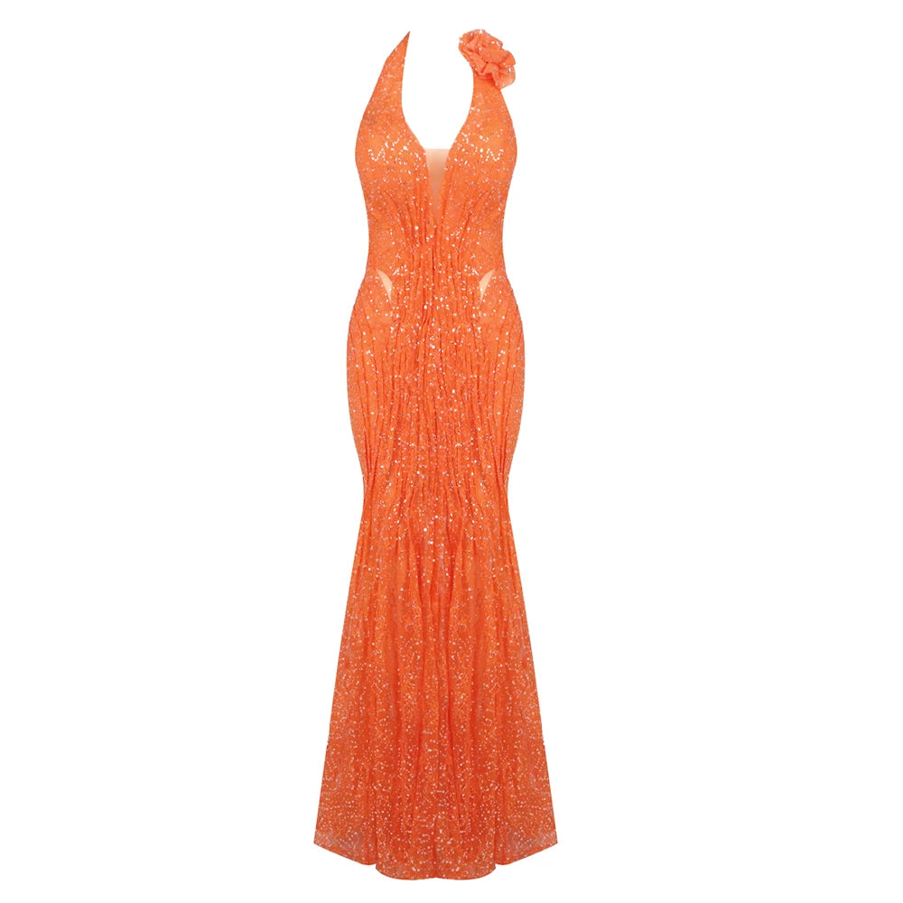 Orange Sequins Halter Long Dress For Women Backless Structured Flower Details Maxi Elegant Evening Party Gown Vestido Orange