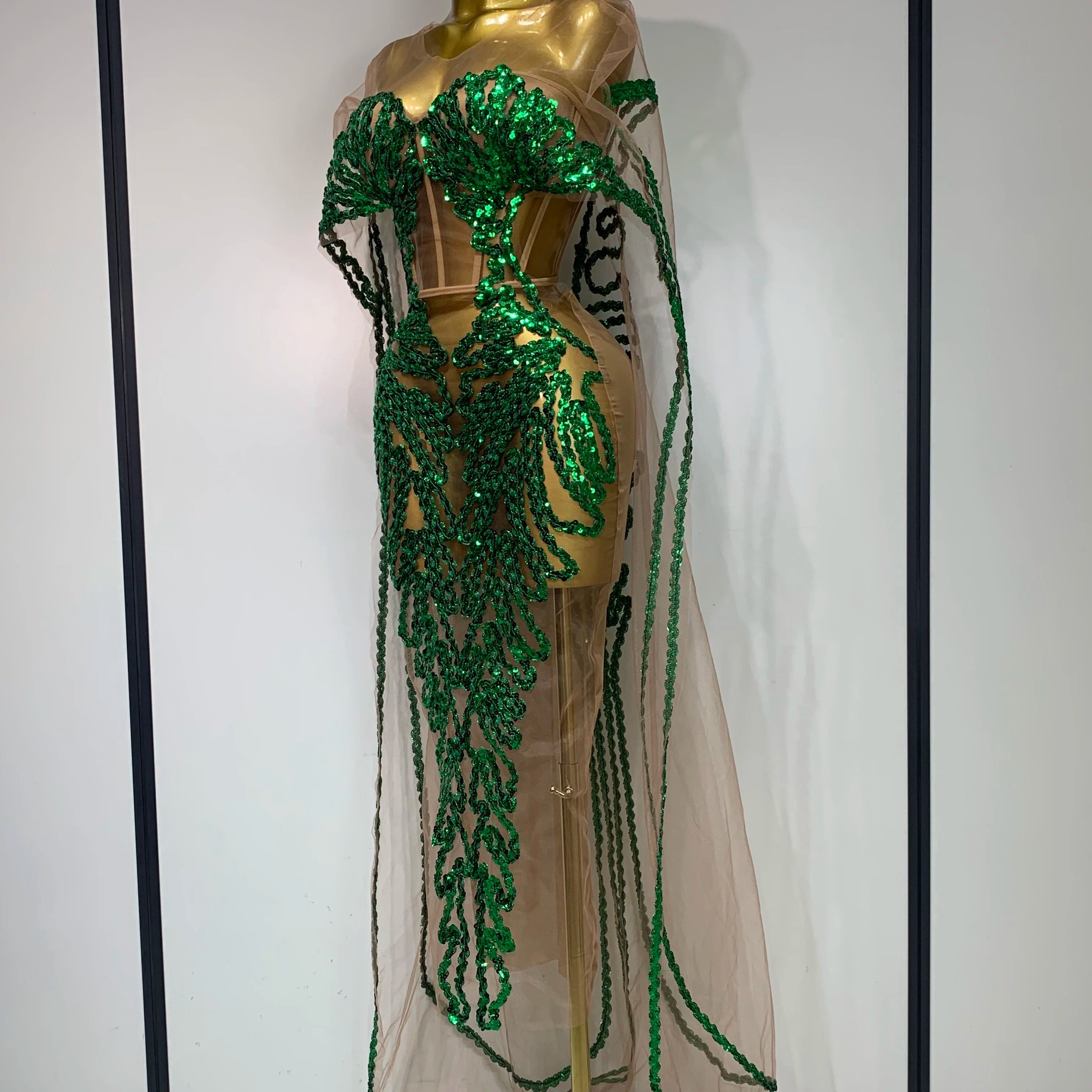 Sexy Mesh See Through Long Dress Sparkly Green Sequins Night Club Party Dress Cloak Birthday Celebrate Drag Queen Stage Costumes