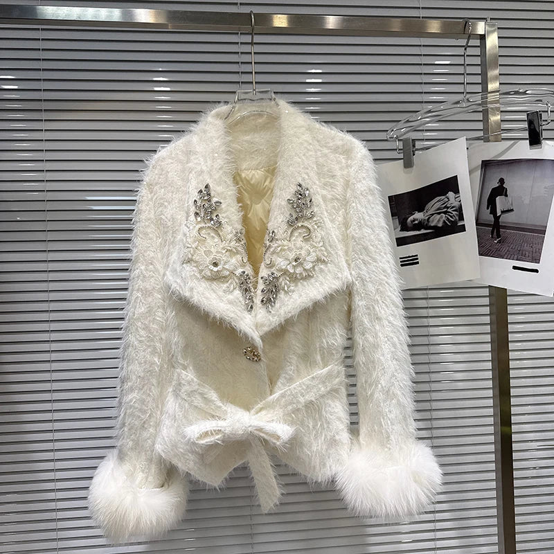 Winter New High-End Fox Fur Cuff Embroidered Collar Woolen Lace-Up Cotton Jacket For Women Elegant Coat 11A07767 White