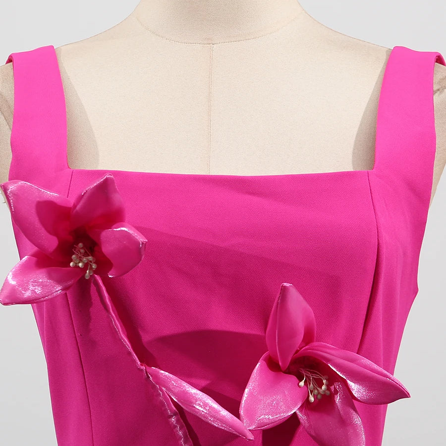 Rose Slimming Spliced 3D Flower Mini Elegant Dresses for Women Square Neck Sleeveless Dress Female Fashion Clothing