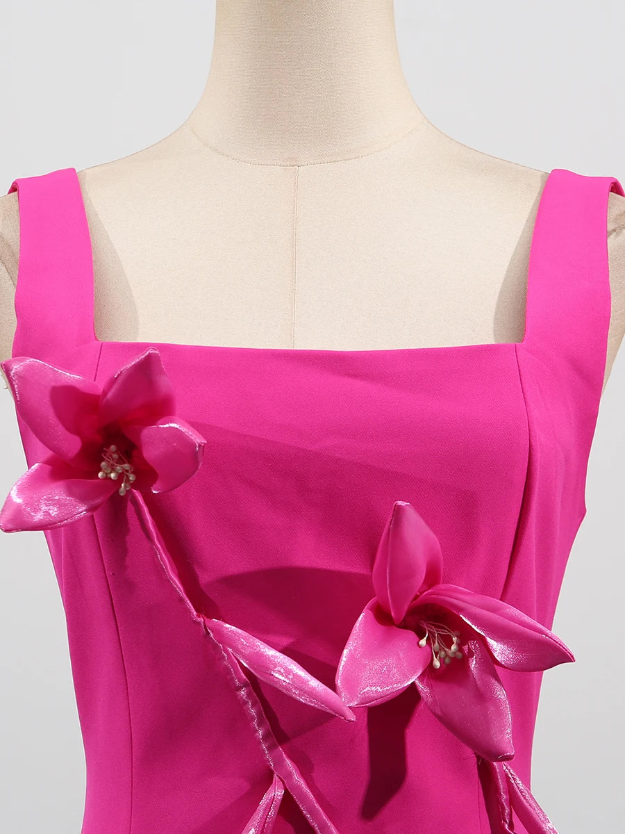 Rose Slimming Spliced 3D Flower Mini Elegant Dresses for Women Square Neck Sleeveless Dress Female Fashion Clothing