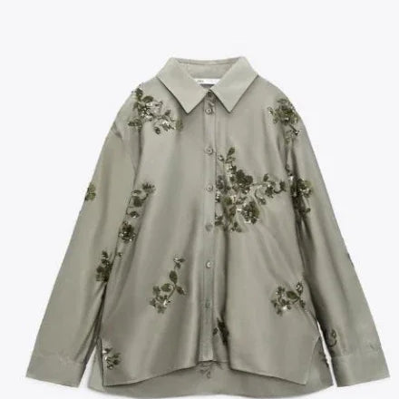 Fashion Print Sequin Shirt 2 Piece Sets For Women Loose Lapel Long Sleeves Top Wide Leg Pants Suits Lady Elegant Outfits Shirt 1