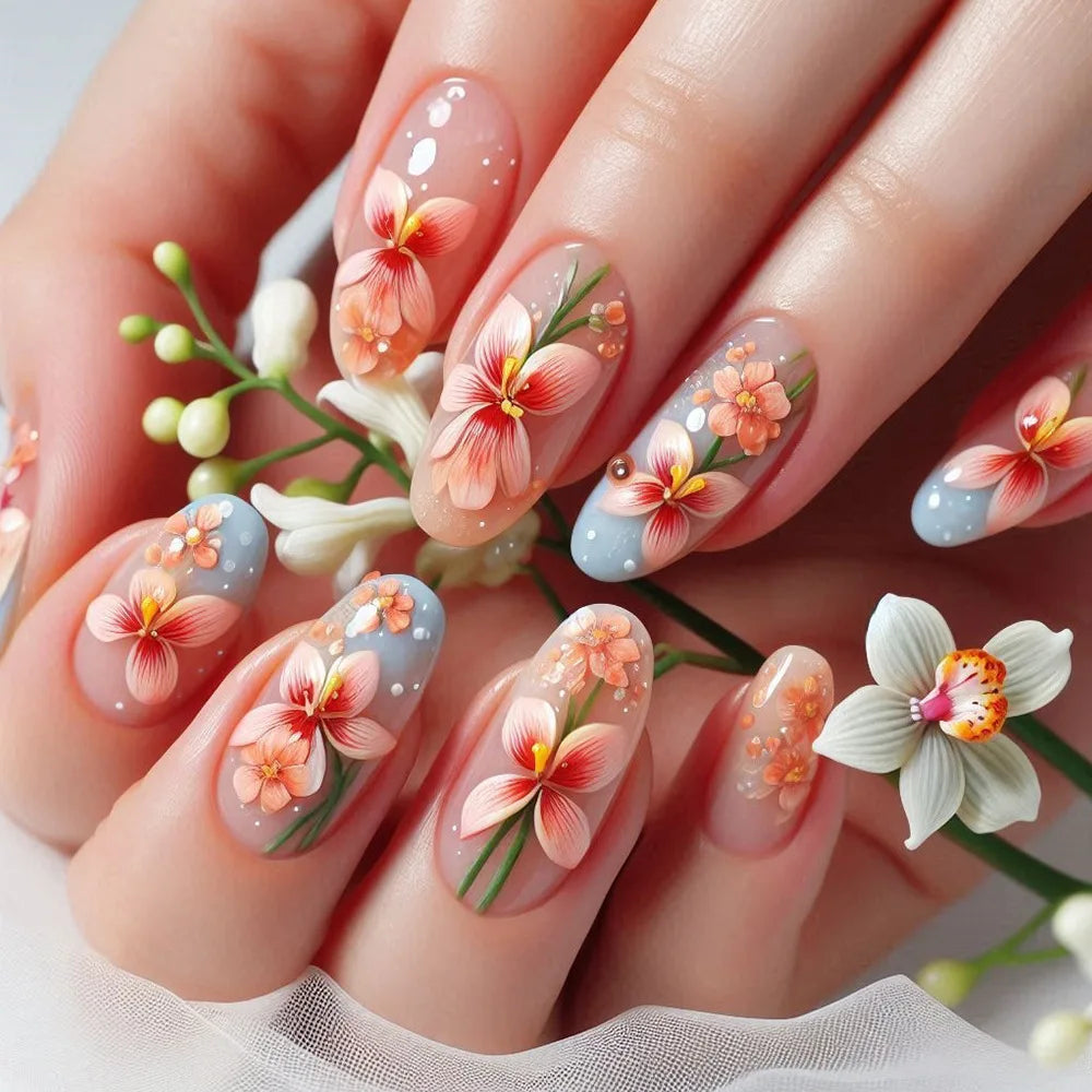 24Pcs Press on False Nails Simple Garden Fresh Flowers Design Sweet Fake Nails Tips Art Wearable Almond Stiletto Oval Manicure 8