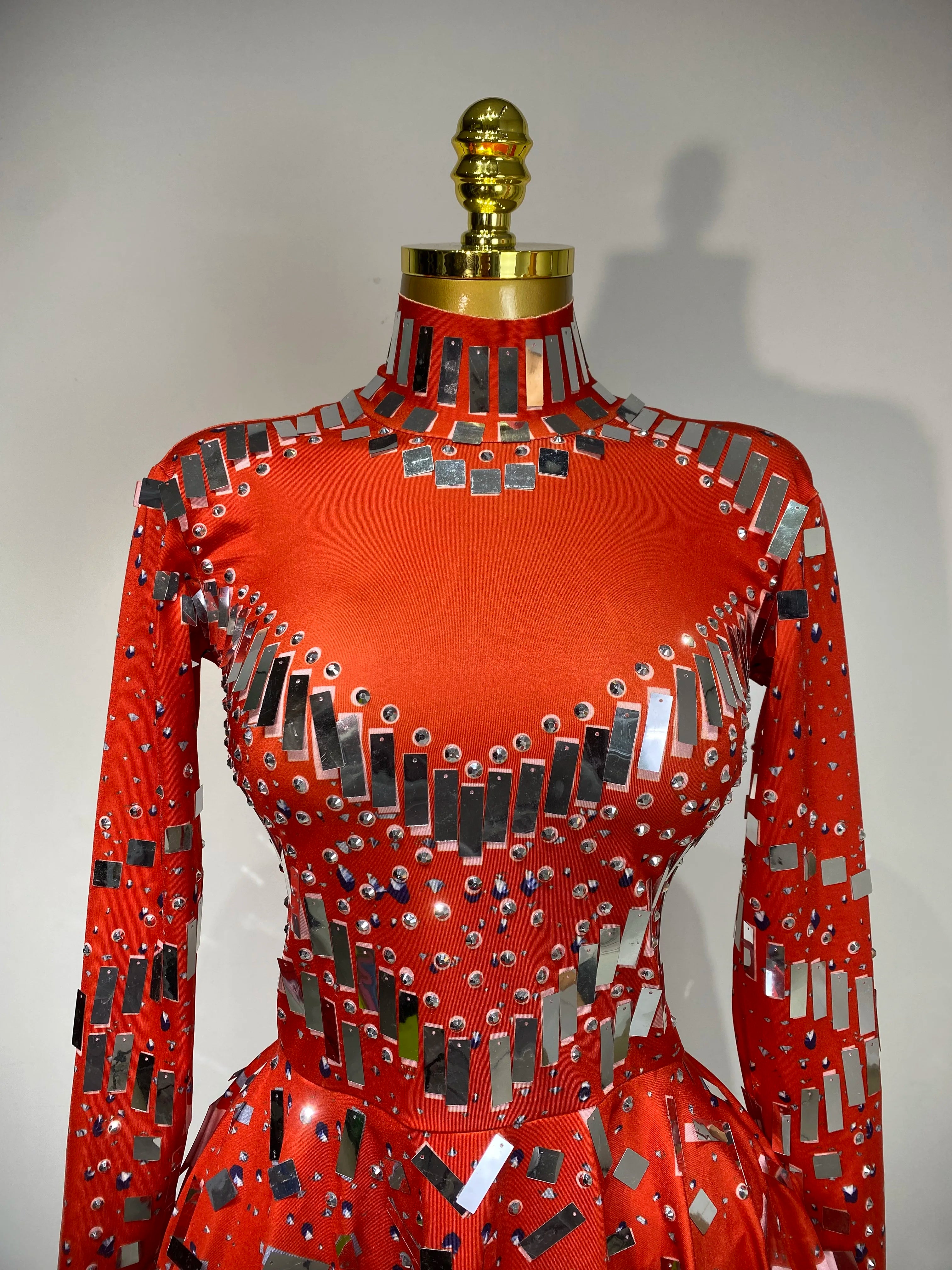 Women Sexy High Elastic A-Line Long Sleeve Dress Performance Costume Sparkly Nightclub Evening Party Hotwife Stage Outfit