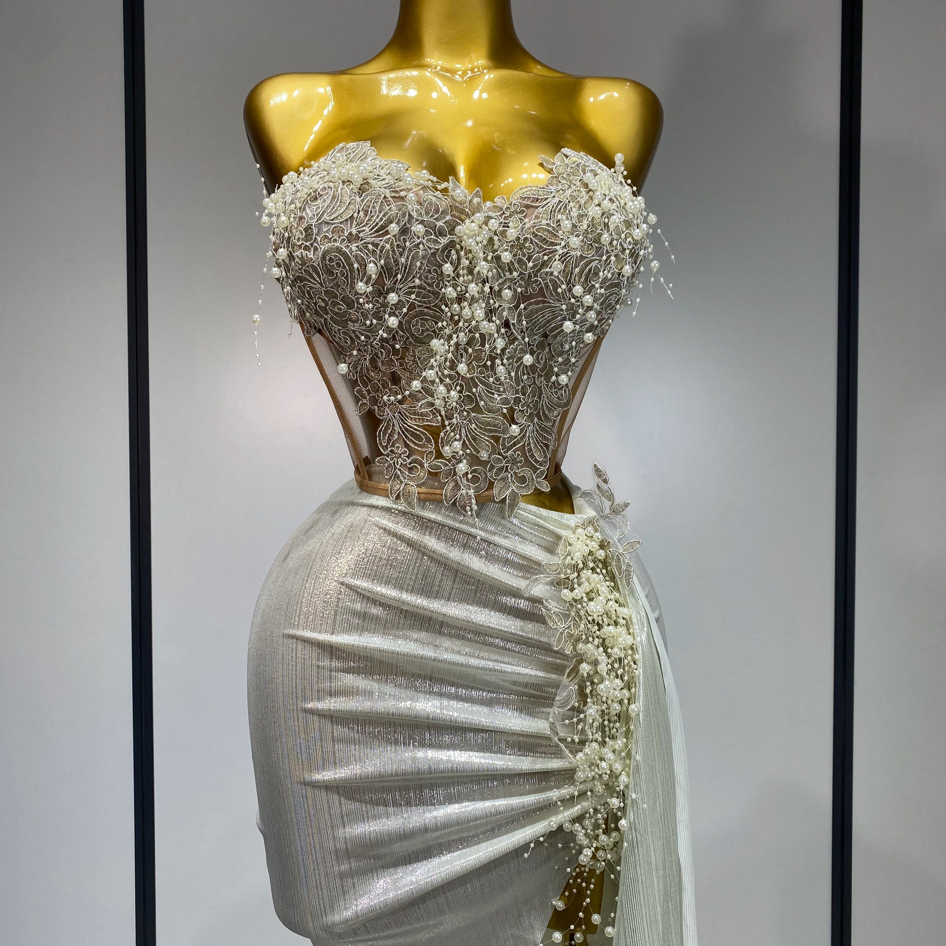 Elegant Sexy Pear Mesh See Through Two Piece Set Women Luxury Birthday Party Prom Gown Singer Nightclub Hotwife Stage Outfit Beige