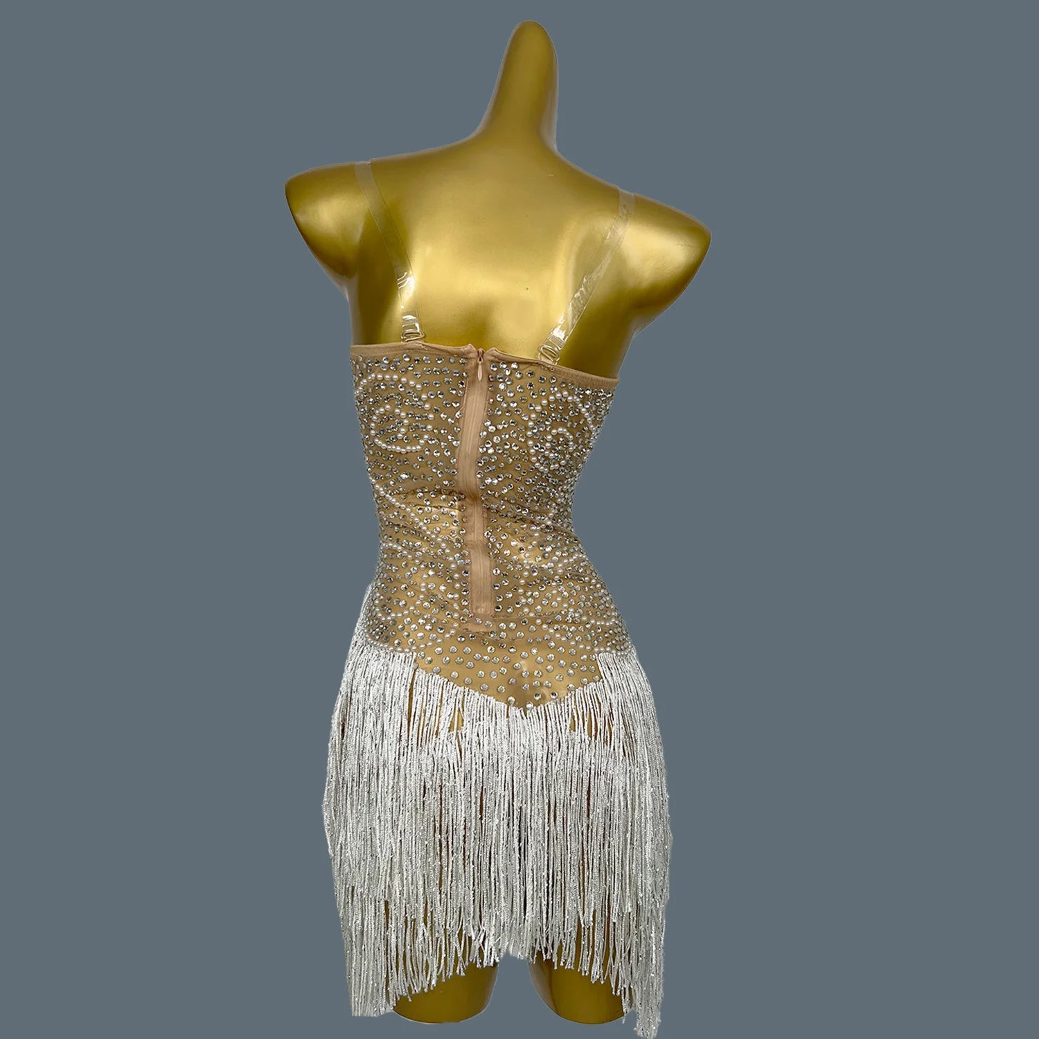 Pearls Rhinestone Strapless Tassel Mini Dress for Sexy Women Club Singer Show Dance Wear Birthday Party Carnival Dress Qiaqia