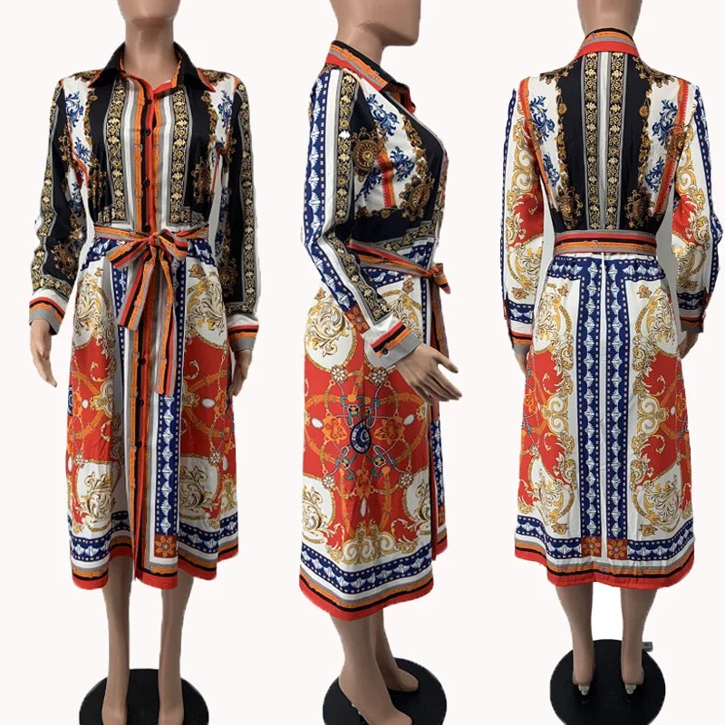 2020 Spring Summer Mid Calf Dress Long Sleeve Print Casual Beach Sashes Bandage Night Club Party Loose Midi Shirt Dresses GL887