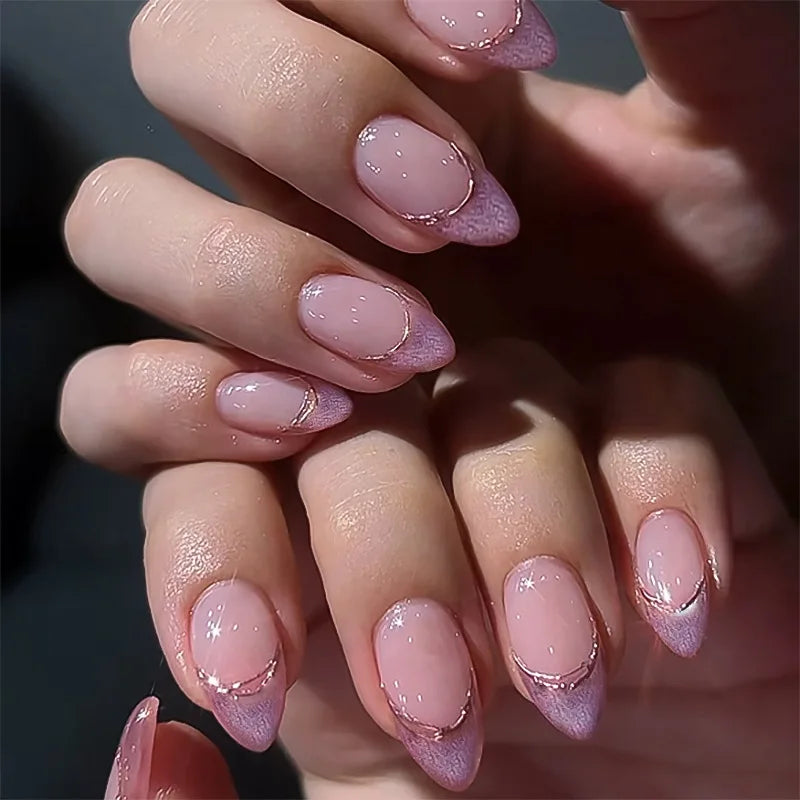 24pcs Cute Love Press on Nails Shiny French Pink Cat Eye Fake Nail Tips Full Cover Wearable Korean Style Almond False Nails 3
