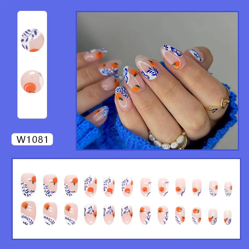 24pcs Cute Fruit False Nail Short Persimmon Orange Printed Press on Nail Manicure Patch Full Cover Detachable Acrylic Nail Tips N1