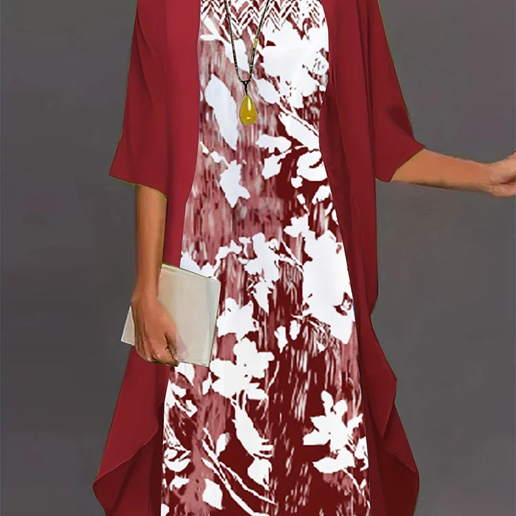 Plus Size 2024 Autumn New Women's Floral Printed Long Dress Printed Pattern Two-piece Dress Round Neck Temperament Elegant Dress Red XXL