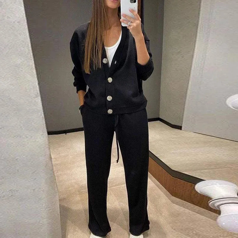 Autumn Winter Women Two Piece Set Button Cardigan Coat Drawstring Plus Size Pants Suit Female Casual Daily Wear