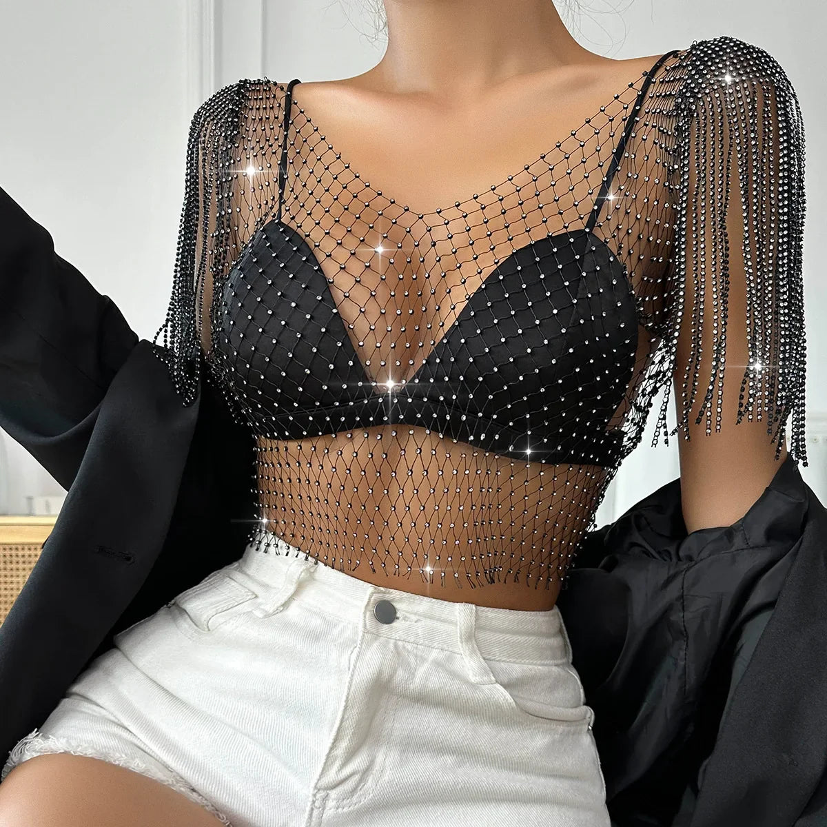 Women's Sexy V-neck Rhinestone Short Crop Top Blink Crystal Tassel Fringe Shoulder Decor Diamond Fishnet Shirt