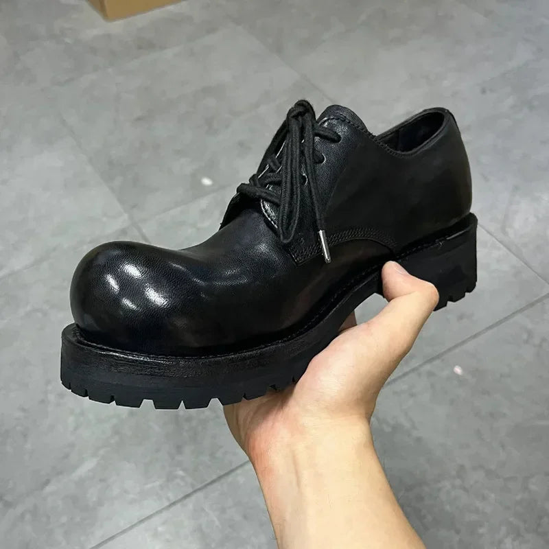 Retro Solid Derby Boots For Women Big Round Toe Man Lace Up Square Heel Height Increasing Soft Leather High Quality Plus Size