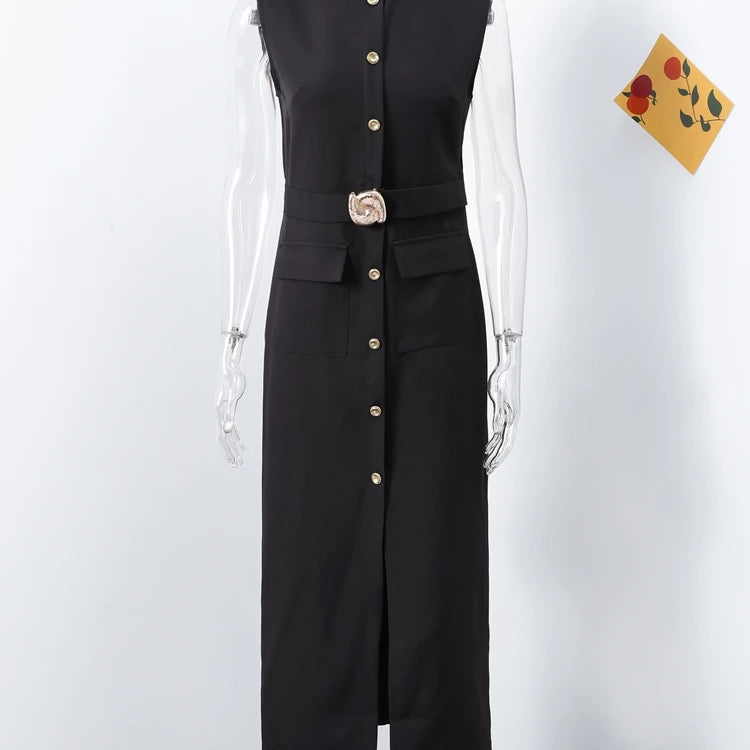 Elegant Split Women 's Maxi Dress O-neck Sleeveless Single Breasted Waist Cinching Pocket Female Dressess Summer Lady Vestidos