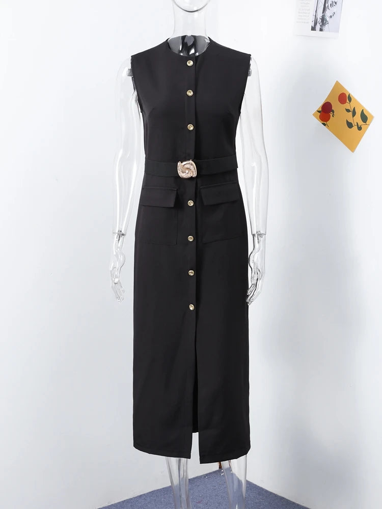 Elegant Split Women 's Maxi Dress O-neck Sleeveless Single Breasted Waist Cinching Pocket Female Dressess Summer Lady Vestidos