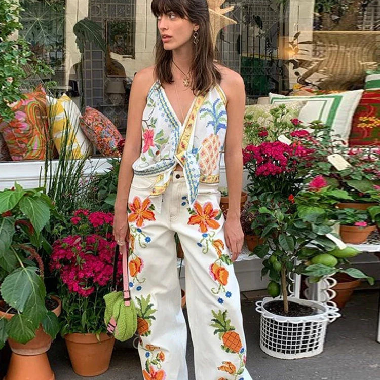 Beach Print Tank Top Pants Sets Women Fashion Halter Backless Sleeveless Vest Wide Leg Zipper Pants 2 Pieces Set Female 2024