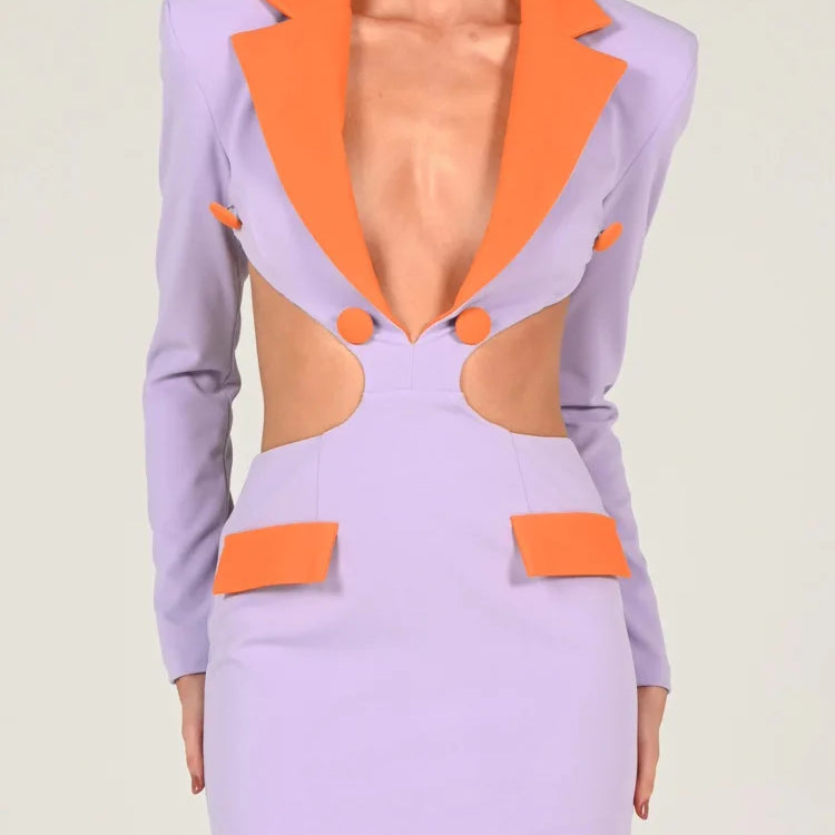 Hollow Out Backless Blazer Dress For Women Robe Autumn Notched Collar Full Sleeve Bodycon Party Mini Dress Vestido Purple