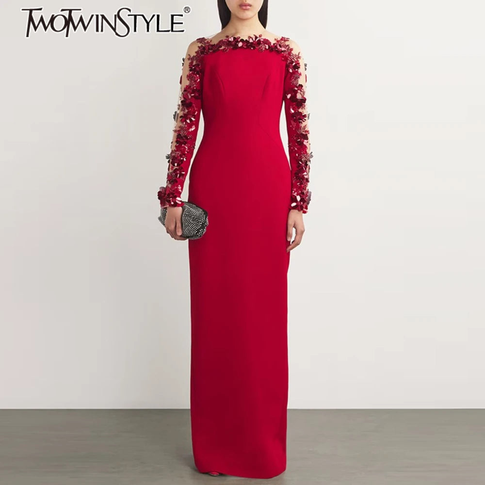 Slimming Spliced Bead Fashion Dresses for Women Slash Neck Long Sleeves Patchwork Mesh Temperament Dress Female New