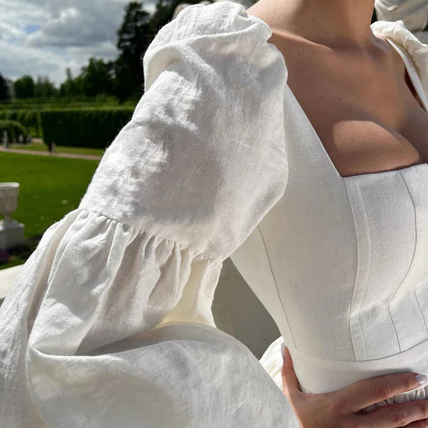 Clacive Sexy Slim White Cotton Dress Lady Fashion Sqaure Collar Puff Sleeve Mini Dress Elegant High Waist Dresses For Women 2024