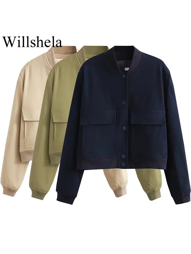 Women Fashion Solid Bomber Jackets Coat With Pockets V-Neck Single Breasted Long Sleeves Female Chic Lady Outfits