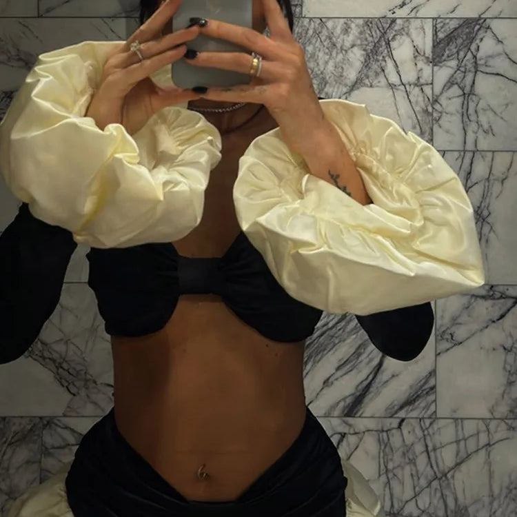 Sexy Contrasting Cropped Chest Wrapped Top Suit White Pleated Hem Short Bud Skirts Sets Elegant Lady Party Club Women's Clothes