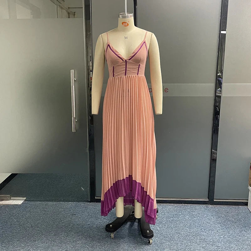 Ellafads Women Maxi Dress Summer Fashion V Neck Nipped Waist Slim Sleeveless Suspender Pleated Irregular Dresses High Streetwear