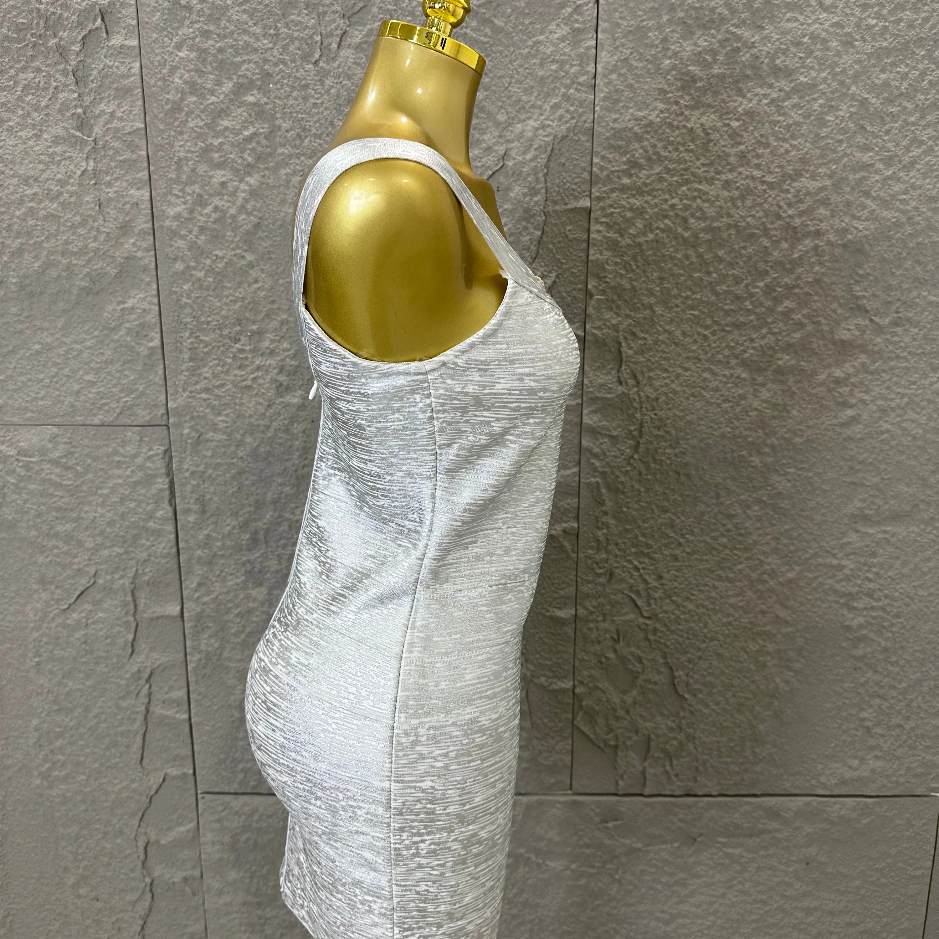 Women Sexy Elegant 2026 Silver Gold Metallic Bandage Mini Dress Women Sleeveless Bodycon Formal Event Cocktail Party Costume