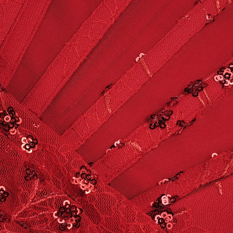 Luxury Women'S Dress Sparkly Red Sequins Patchwork Lace High Split Maxi Long Gowns With Gloves 2024 Summer New