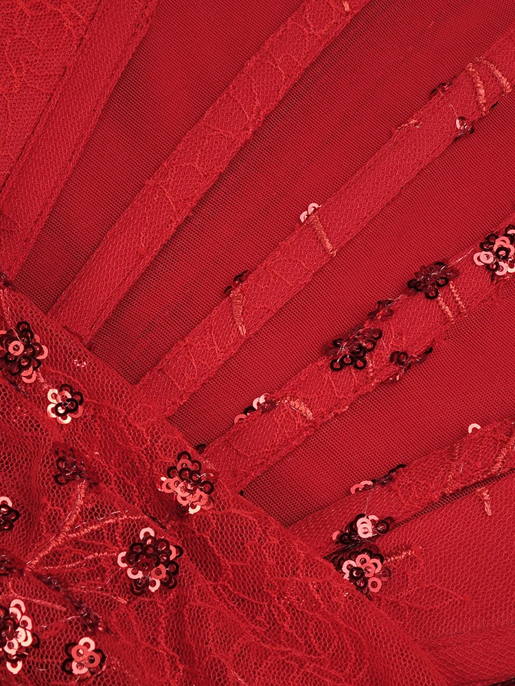 Luxury Women'S Dress Sparkly Red Sequins Patchwork Lace High Split Maxi Long Gowns With Gloves 2024 Summer New