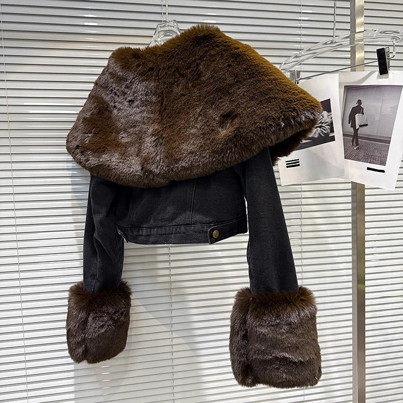 Winter New Fashion Street Style Sailor Collar Faux Fur Quilted Denim Short Coat For Women High Waist Jacket 11A07450