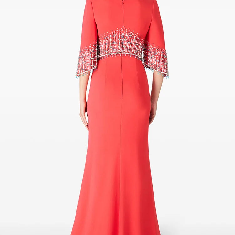 Slimming Elegant Midi Dresses for Women Round Neck Half Sleeves Patchwork Bead Luxurious Dress Female Clothing New