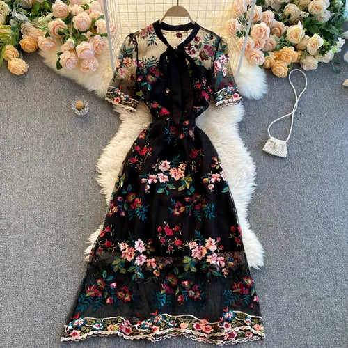 Summer Women Vintage Mesh Floral Embroidery Maxi Dress Ladies Retro Bow A-line Slim Party Dress Plus Size Black