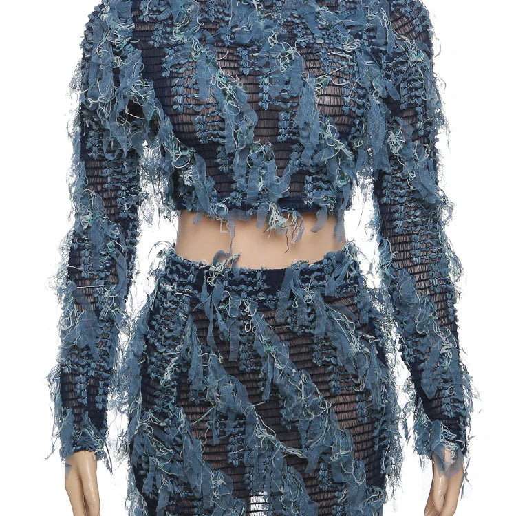 Weird Puss See Through Patchwork Women 2 Piece Set Elastic Tassel Thin Crop Tops+Skinny Skirts Matching Midnight Party Clubwear