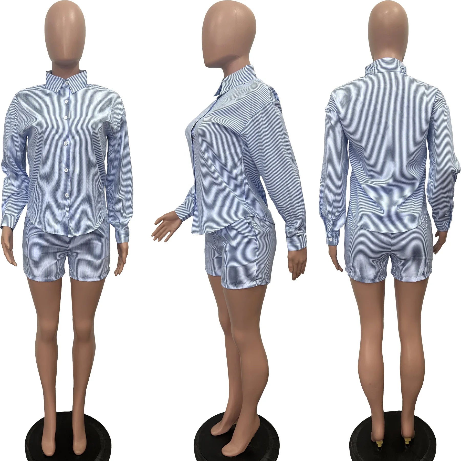 Street Striped Print Women's Set Full Sleeve Shirt and Shorts Suit 2024 Cute Girl Summer Two 2Piece Set Outfit Tracksuit