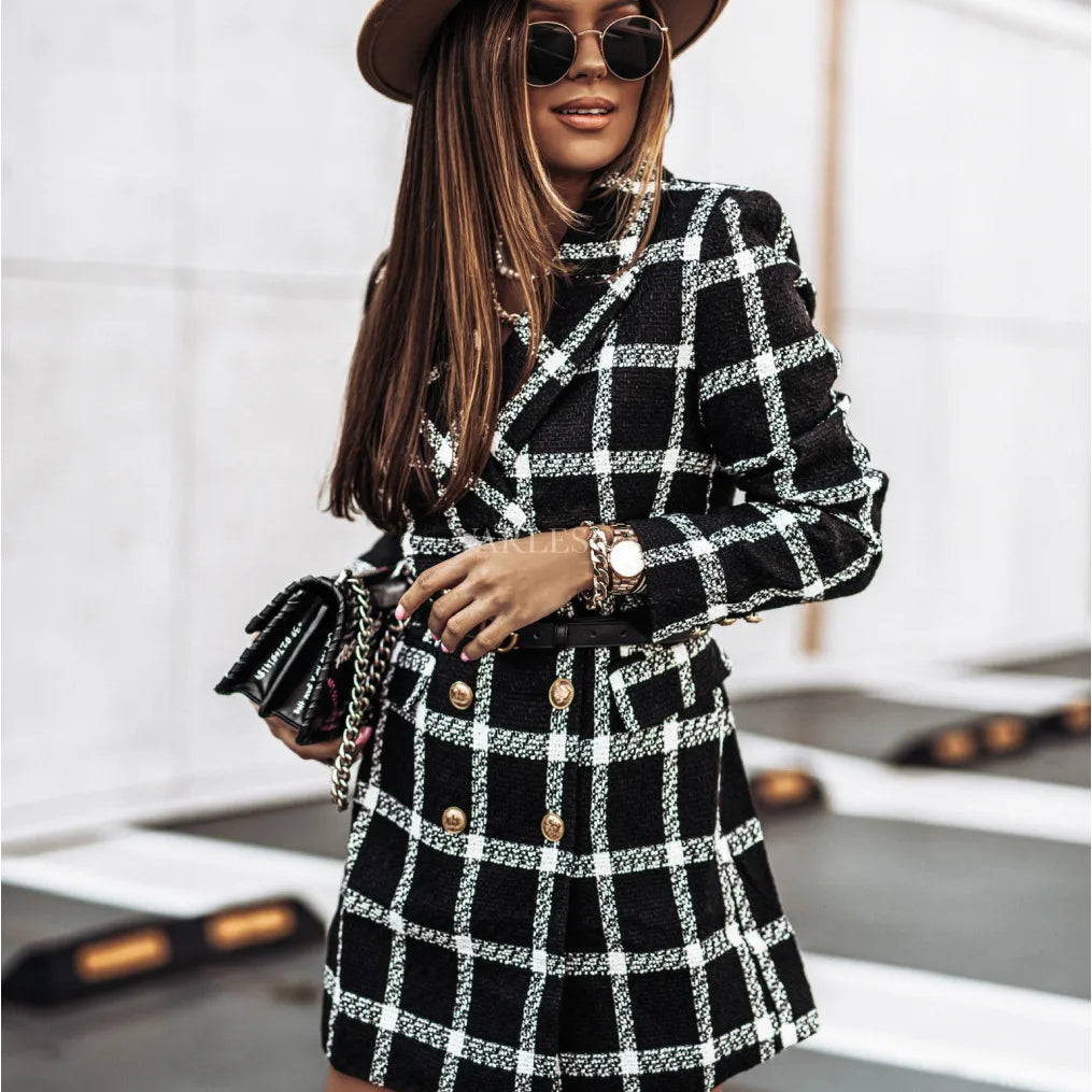 Autumn and Winter Long Sleeved Woolen Jacket Elegant Women's Plaid Patchwork Retro Blazers Long Windbreaker Coat black