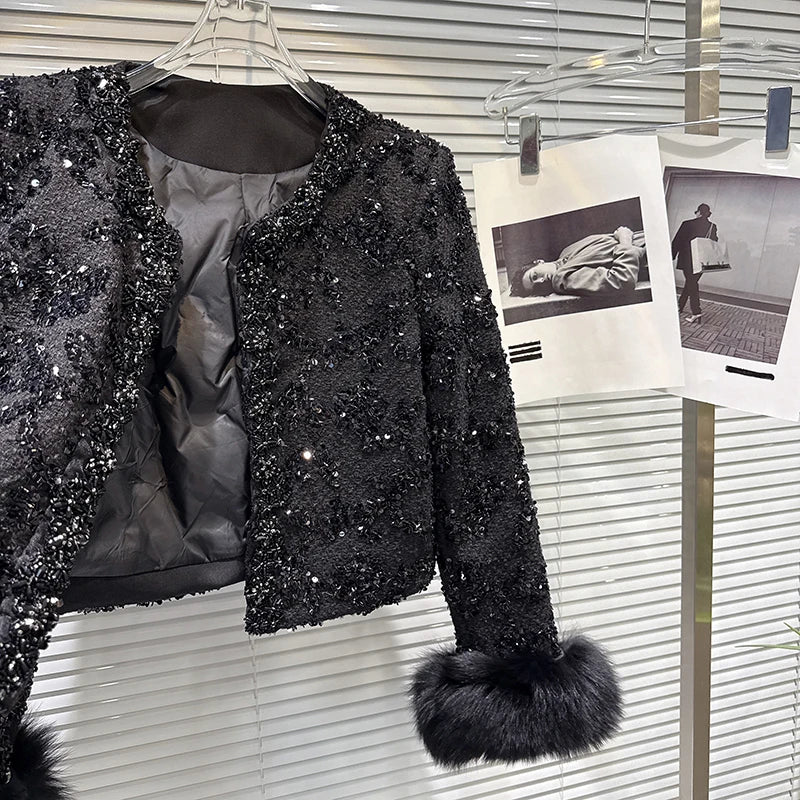 Winter New Fashion Fox Fur Cuff Beaded Edge Cotton Inner Short Coat For Women High-end Elegant Jacket Female 11A07516