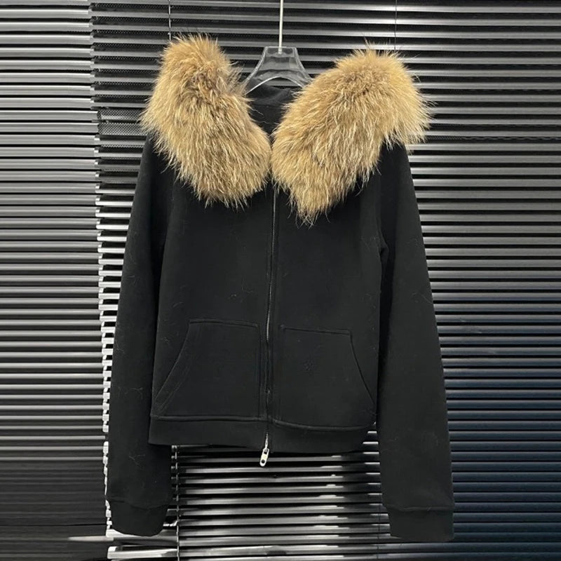 Autumn Winter New Large Fur Collar Brushed Sweatshirt for Women Fashion Detachable Design Hooded Jacket 11A07536 Black
