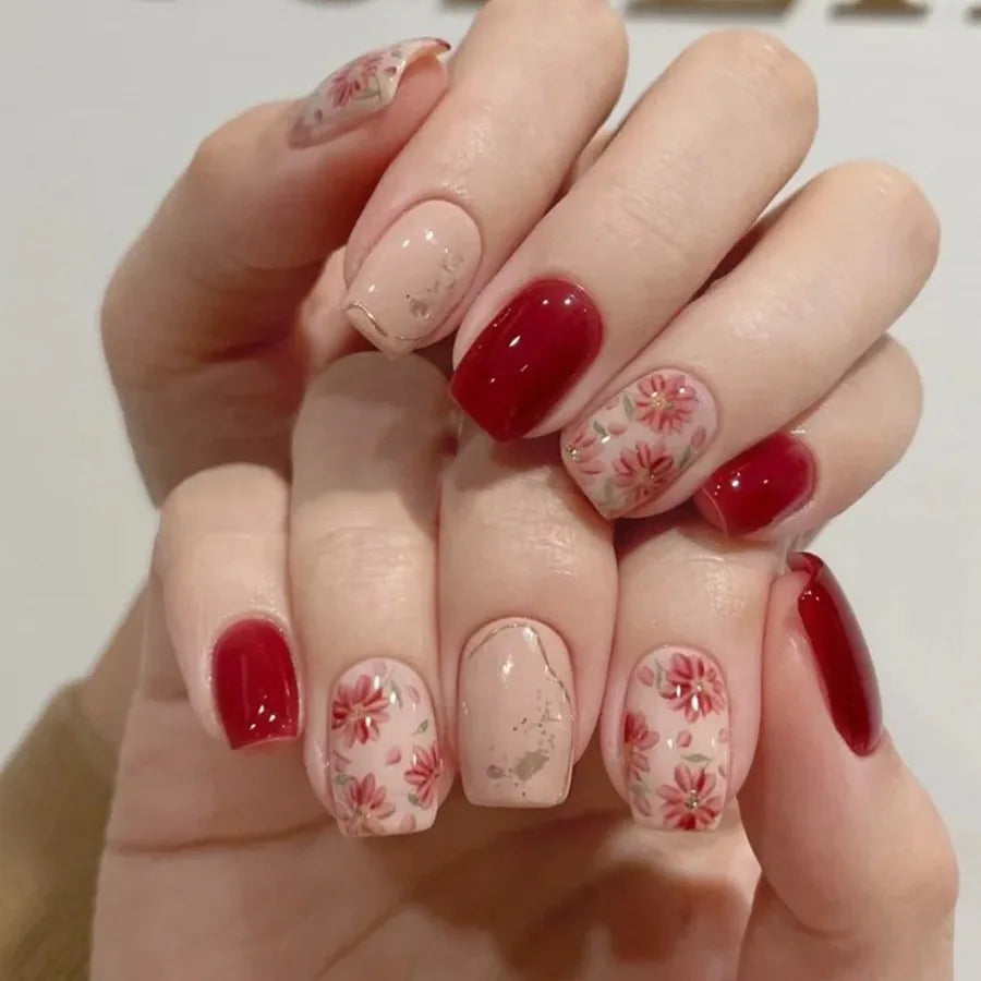 24pcs/set Medium long fake nails square ballet tips flowers butterfly for spring summer season blue green press on false nail 2170