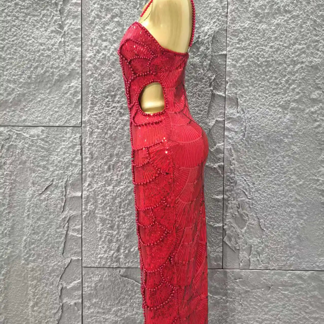 Red Color Women Sexy Sleeveless Pearl Beading Bodycon Mid-calf Dress Waist Hollow Out Celebrate Fashion Birthday Party Dress