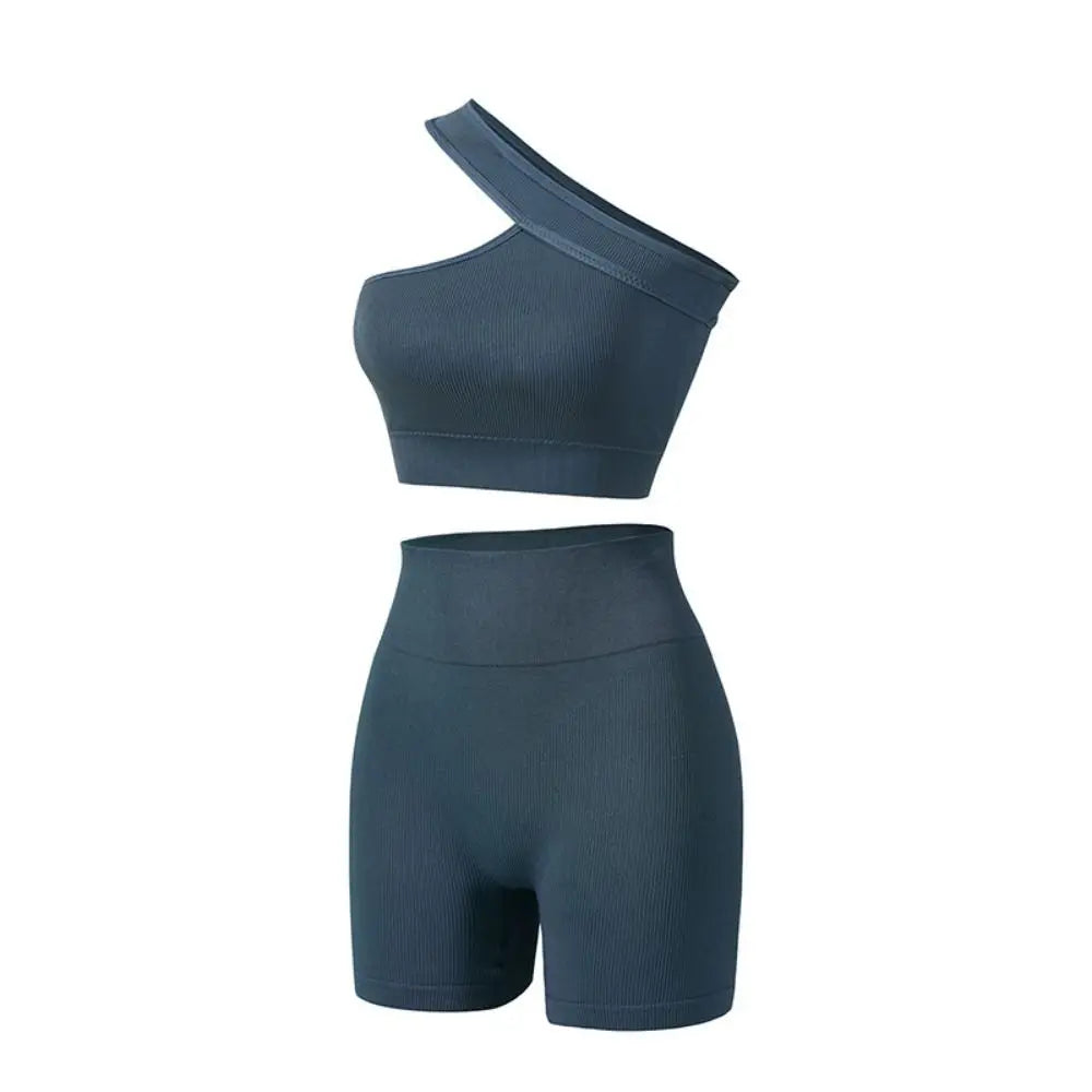 2Pcs Seamless Women Workout Sets Casual High Waist One Shoulder Yoga Outfits Tank Tops Ribbed Sports Bra Gym Blue