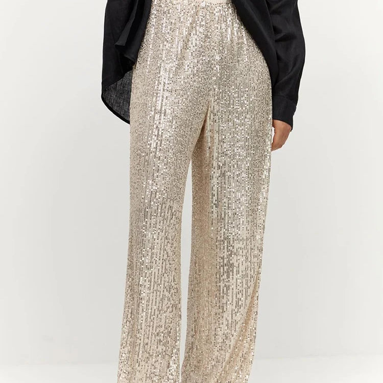 Women Pants Spring Autumn High Waist Straight Long Wide leg Sequins pants Female Casual Female Long Pants Trousers
