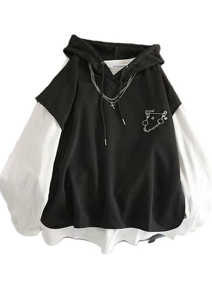 女性ストリート原宿 3 点セットパンツ女性のためのチェーン春カーゴパンツ + フード付きベスト + ホワイトルーズブラウス