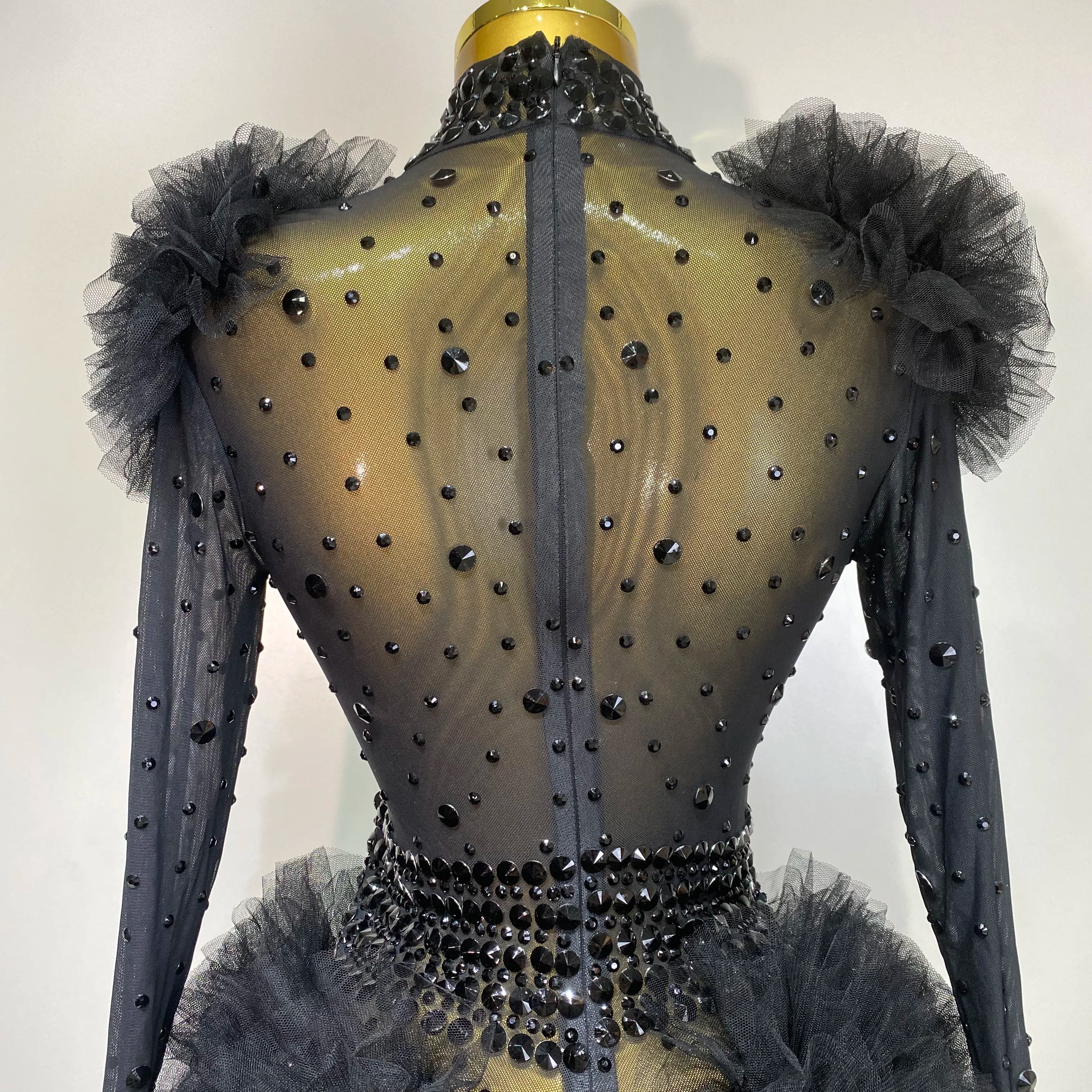 Sexy See Through Luxury Rhinestone Bodysuit Women Sexy Bodycon Mesh Ruffles Performance Dance Singer Nightclub Stage Outfit