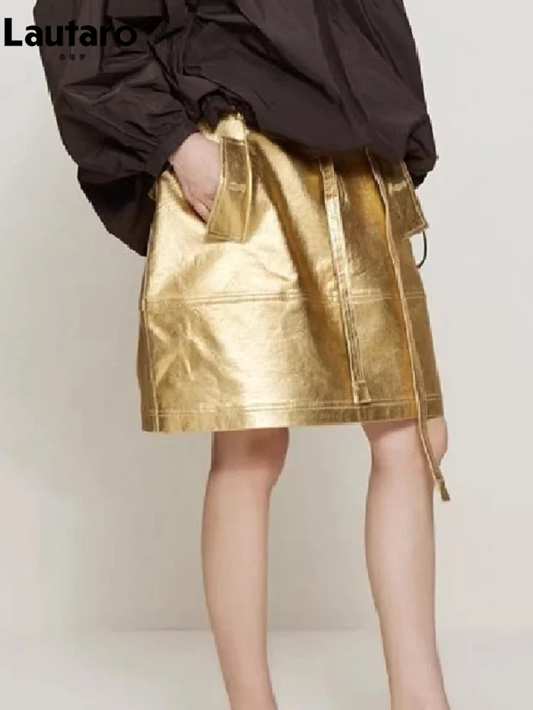 Summer Autumn Gold Shiny Faux Leather Skirt Women with Sashes A Line Korean Style Clothes Streetwear 2023 Runway Fashion golden