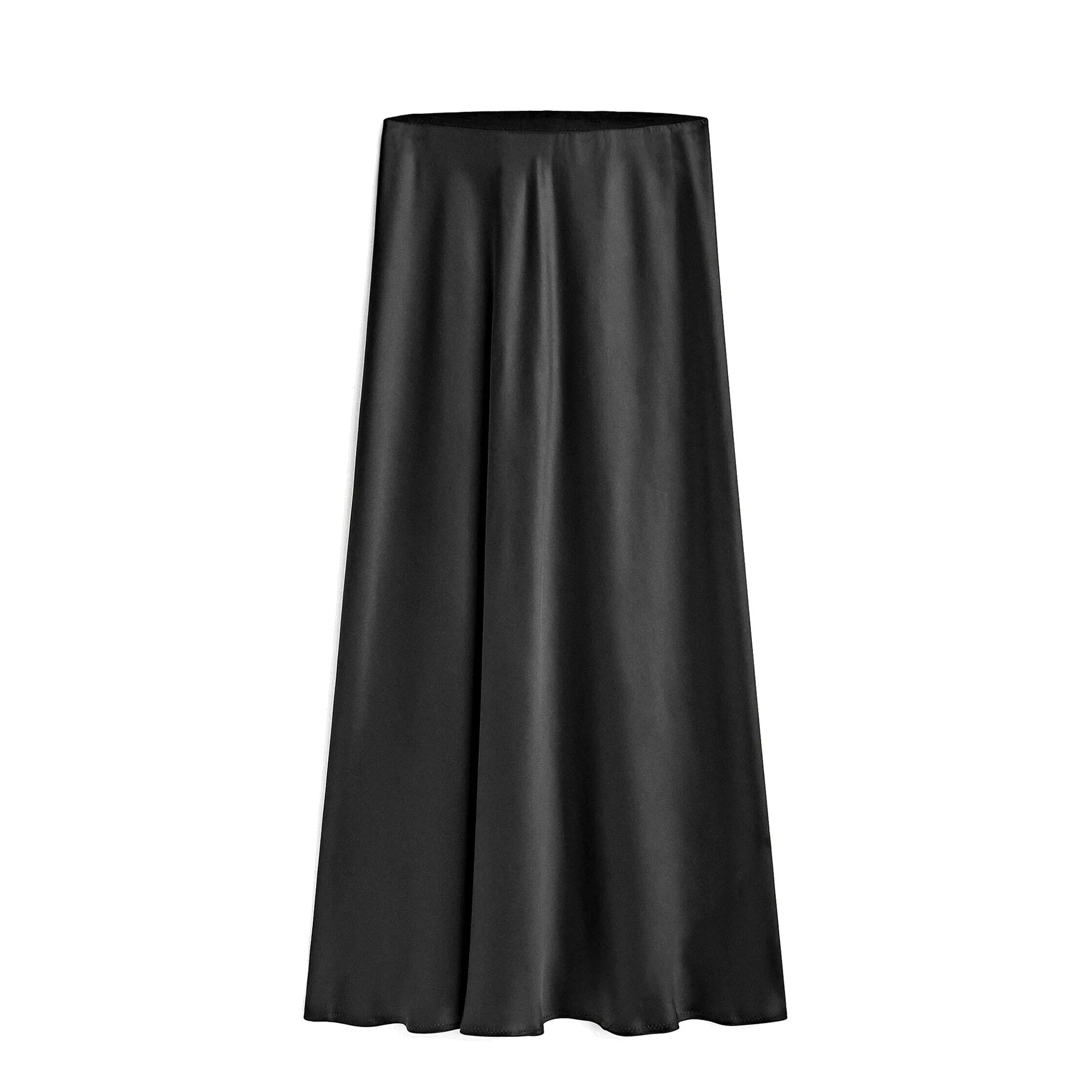 Silk Satin Skirts for Women Summer Casual Style A-line Solid Color Elastic High Waist Side Slit Champagne Skirt Black