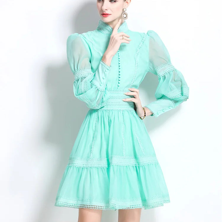 Autumn Elegant Hollow Out Embroidery Lace Splice Mini Dress Women's Stand Lantern Sleeve Buttons Evening Party Robe Vestidos light green